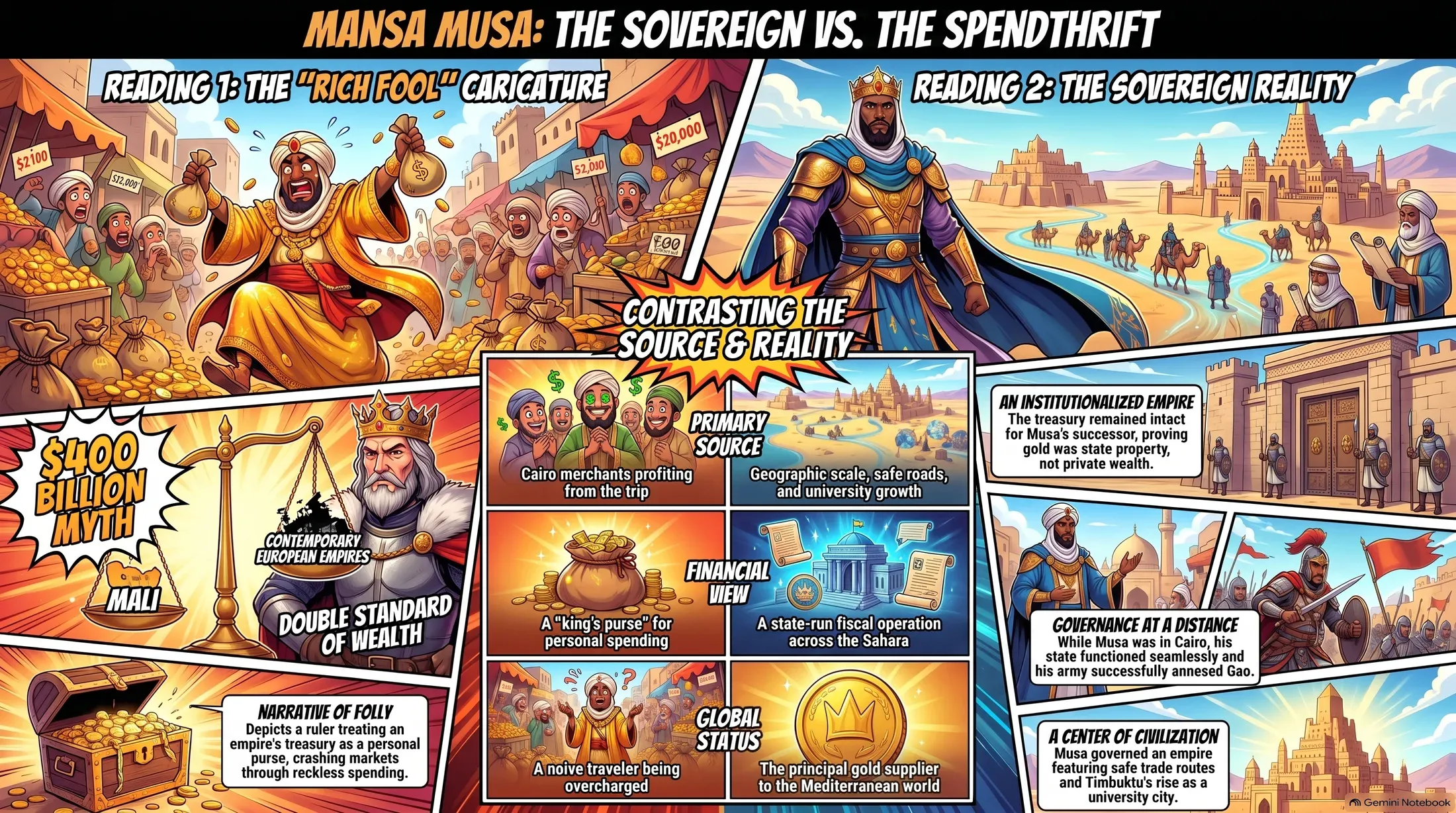A comic-style spread titled Mansa Musa: The Sovereign vs. the Spendthrift, split into two readings. Reading 1, the “rich fool” caricature: a panicked ruler in gold robes flings sacks of coins through a market of alarmed traders under rising price tags; a scale weighs Mali against contemporary European empires beside a burst reading $400 billion myth, captioned double standard of wealth; an overflowing treasure chest illustrates the narrative of folly, a ruler treating an empire’s treasury as a personal purse. A centre column contrasts the source and the reality: Cairo merchants profiting from the trip versus geographic scale, safe roads and university growth; a king’s purse for personal spending versus a state-run fiscal operation across the Sahara; a naive traveler being overcharged versus the principal gold supplier to the Mediterranean world. Reading 2, the sovereign reality: a crowned ruler stands before desert cities and camel caravans, with panels for an institutionalized empire whose treasury remained intact for his successor, governance at a distance while his army annexed Gao, and a center of civilization with safe trade routes and Timbuktu’s rise as a university city.