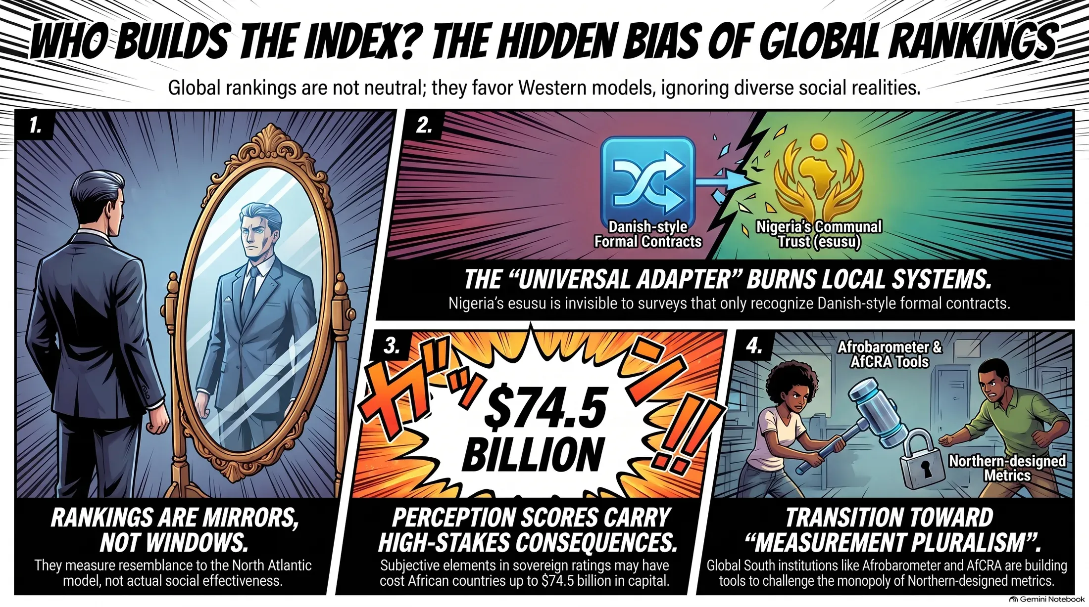 A four-panel comic titled Who Builds the Index? The Hidden Bias of Global Rankings, captioned: global rankings are not neutral; they favor Western models, ignoring diverse social realities. Panel one, rankings are mirrors, not windows: a suited man studies himself in an ornate full-length mirror; a caption reads they measure resemblance to the North Atlantic model, not actual social effectiveness. Panel two, the universal adapter burns local systems: a blue icon labelled Danish-style formal contracts faces a golden emblem labelled Nigeria’s communal trust (esusu) across a lightning split; a caption reads Nigeria’s esusu is invisible to surveys that only recognize Danish-style formal contracts. Panel three, perception scores carry high-stakes consequences: $74.5 billion erupts in a comic blast; a caption reads subjective elements in sovereign ratings may have cost African countries up to $74.5 billion in capital. Panel four, transition toward measurement pluralism: a woman swings a hammer labelled Afrobarometer and AfCRA tools at a padlock labelled Northern-designed metrics while a man braces beside her; a caption reads Global South institutions like Afrobarometer and AfCRA are building tools to challenge the monopoly of Northern-designed metrics.